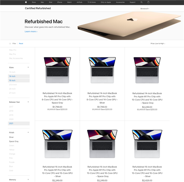 苹果M1 Pro/Max MacBook Pro翻新机首卖：可享一年保修