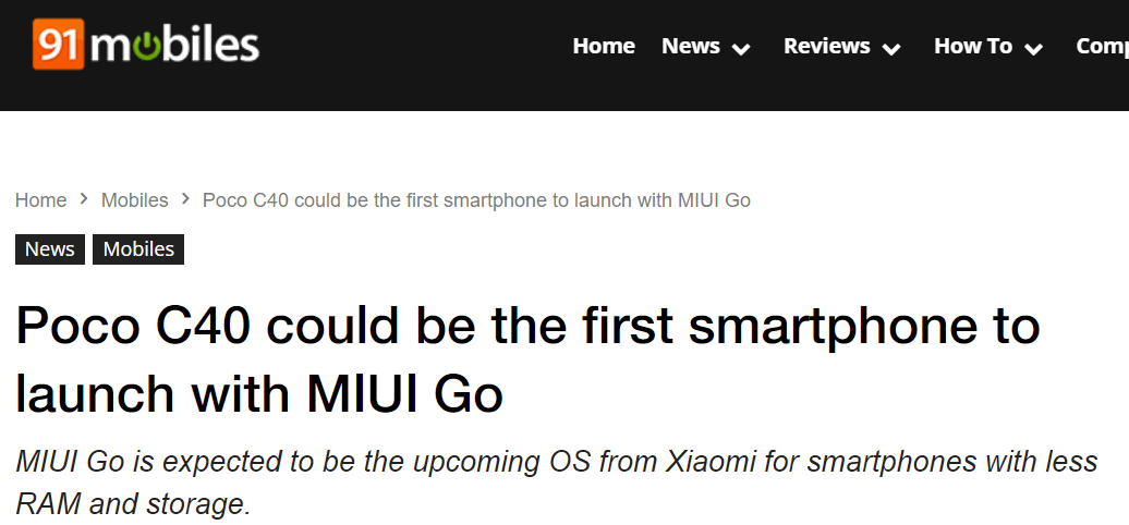消息称小米POCO C40将成为第一款搭载MIUI Go的智能手机