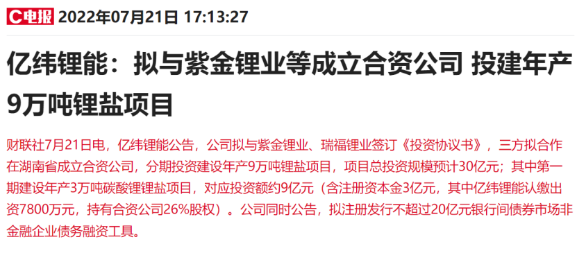 我老婆是校花: 30亿投建碳酸锂大项目！1800亿锂电龙头牵手紫金矿业，上游供应